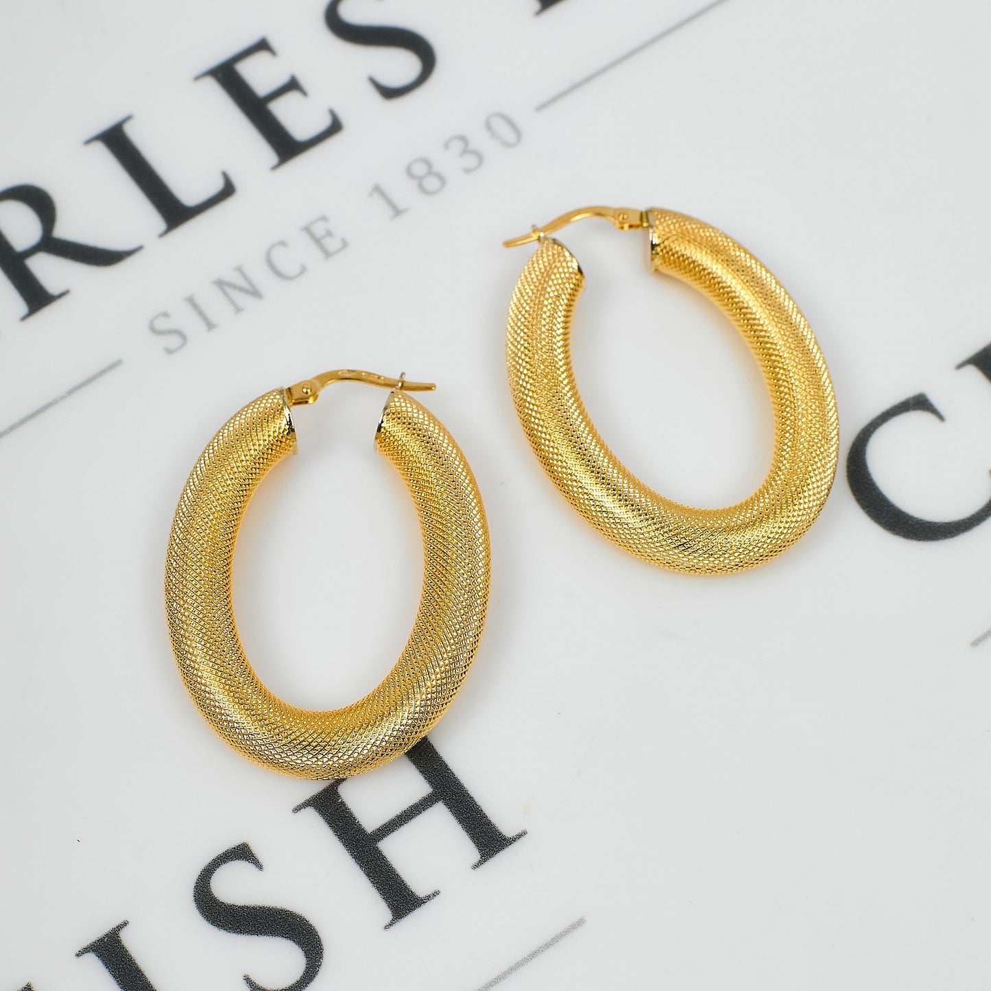 Pre-Owned 18ct Gold Oval Guilloche Creole Hoop Earrings