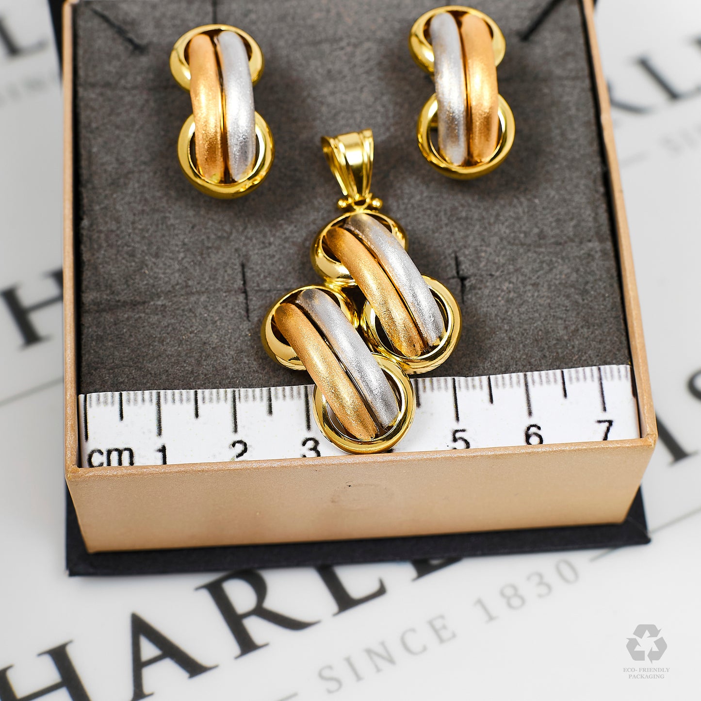 Pre-Owned 18ct Gold Tricolour Pendant & Earring SET