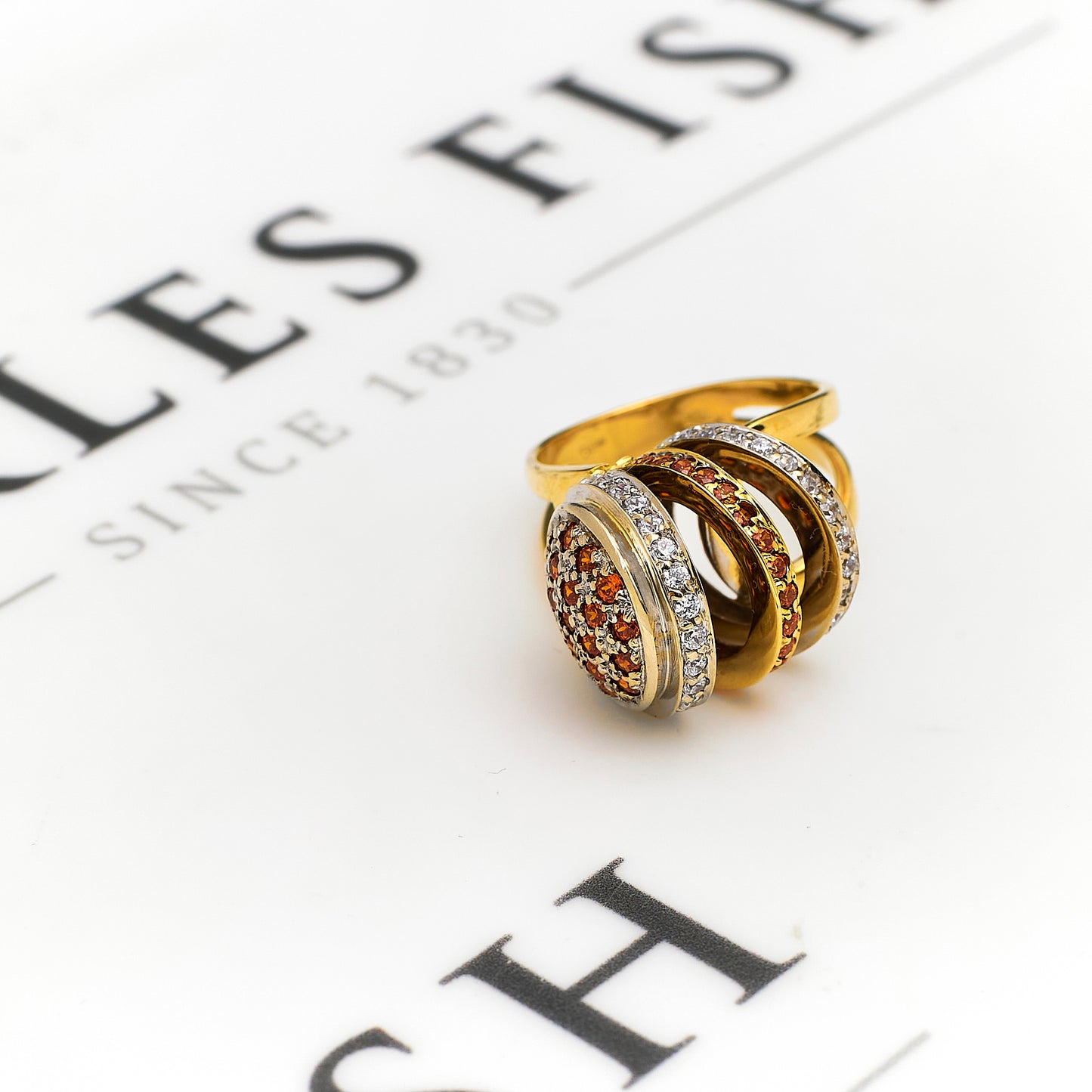 Pre-Owned 14ct Gold White & Orange CZ Circle Design Ring