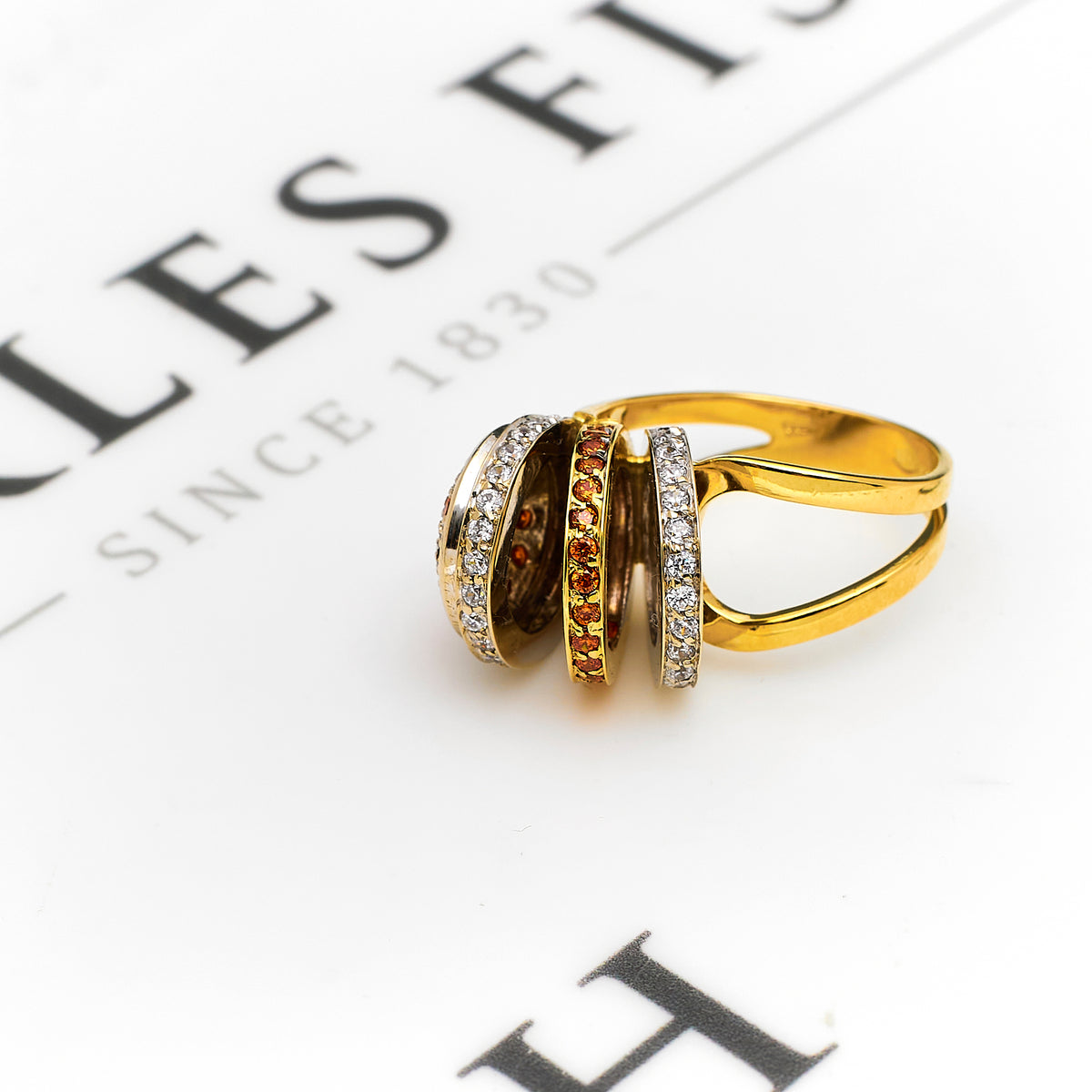 Pre-Owned 14ct Gold White & Orange CZ Circle Design Ring