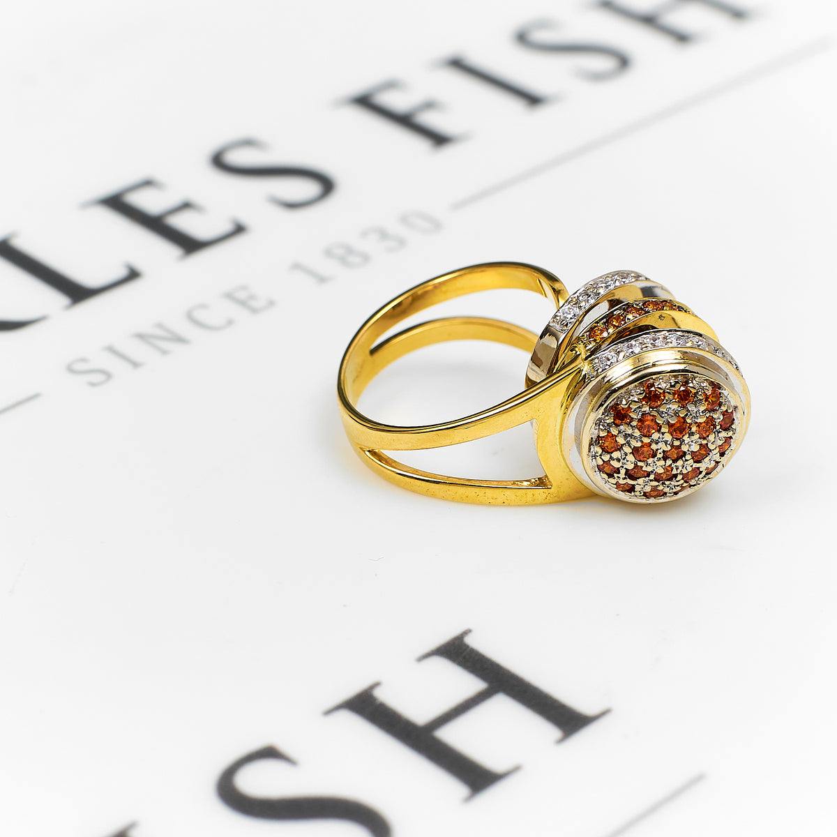 Pre-Owned 14ct Gold White & Orange CZ Circle Design Ring