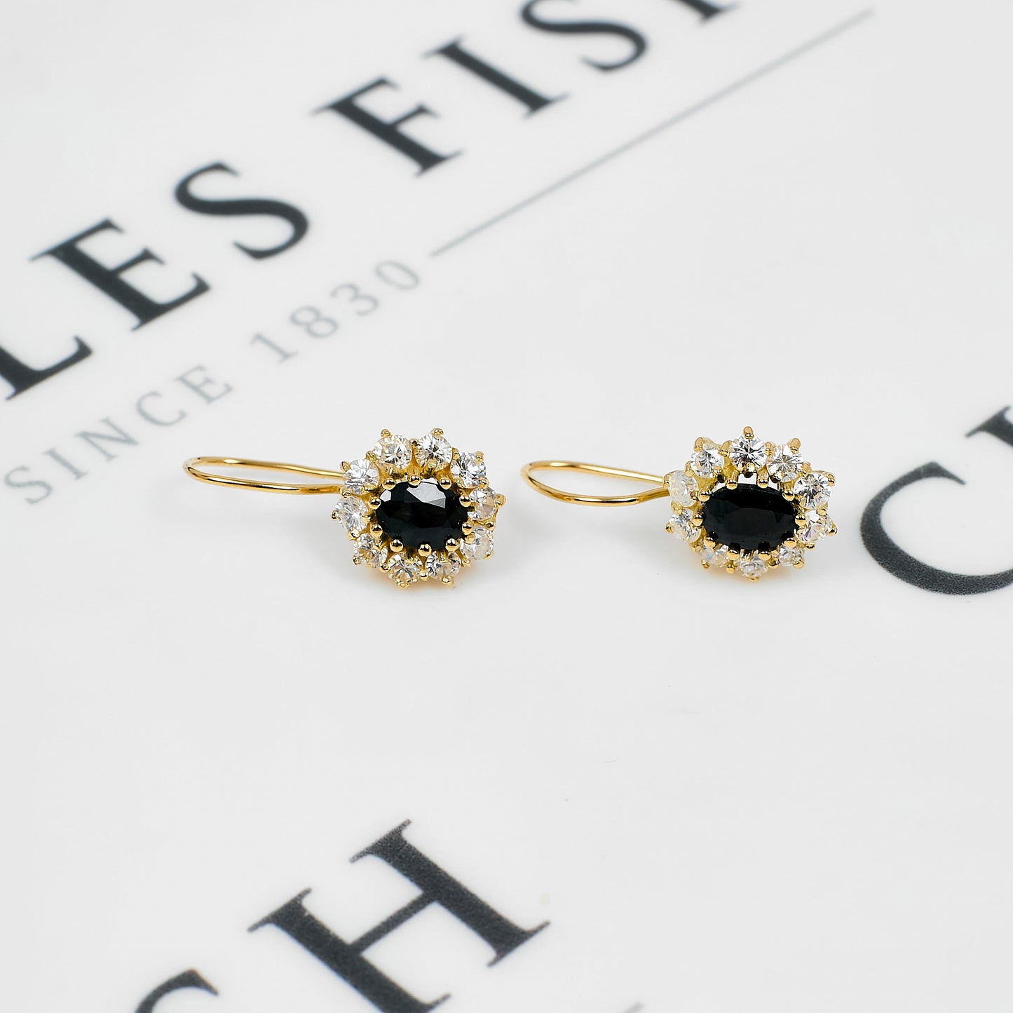 Pre-Owned 14ct Gold Sapphire CZ Cluster Drop Earrings