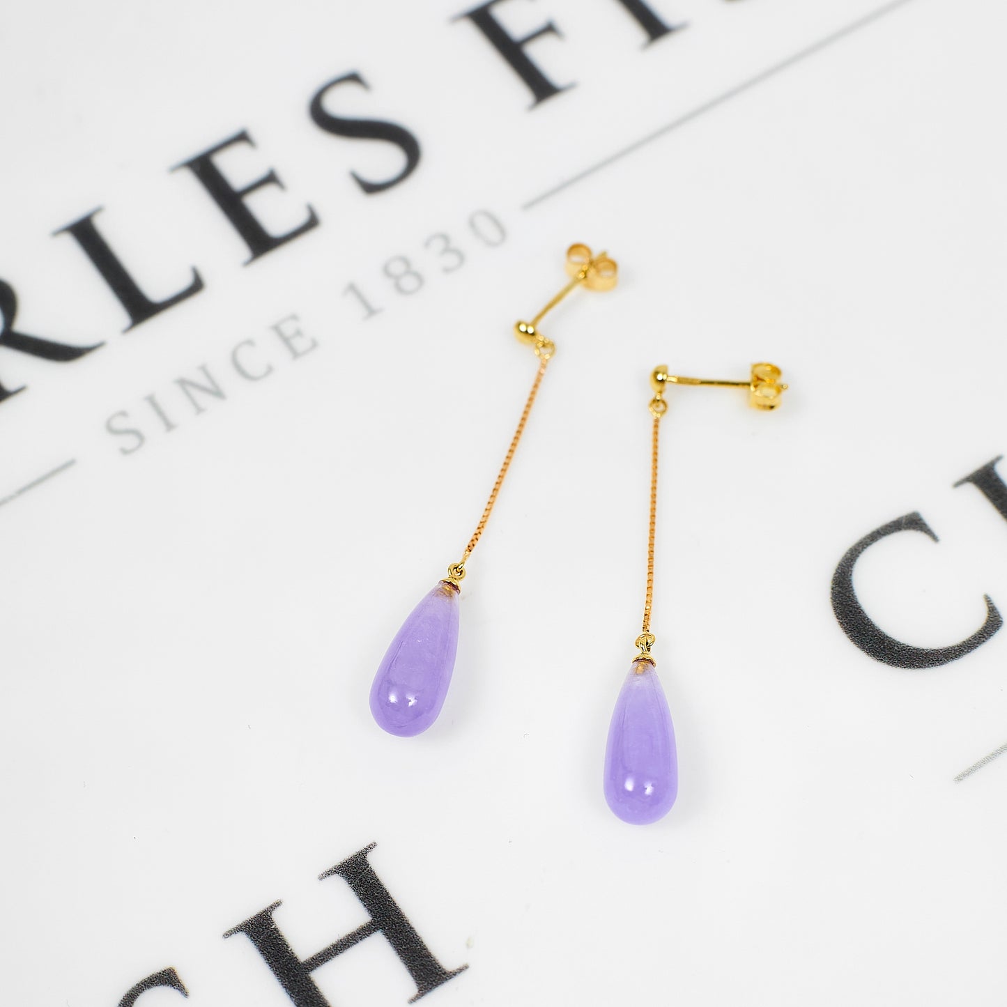 Pre-Owned 9ct Gold Jade Dyed Purple Drop Earrings