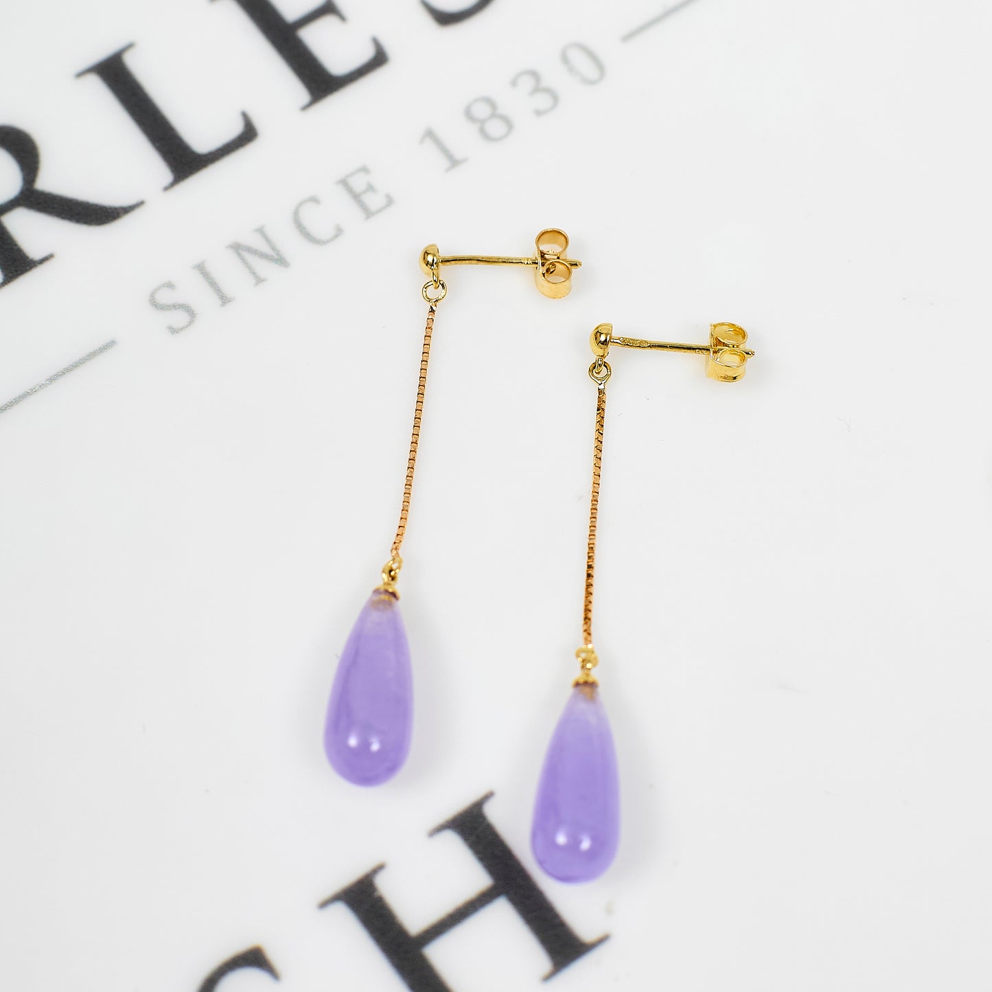 Pre-Owned 9ct Gold Jade Dyed Purple Drop Earrings