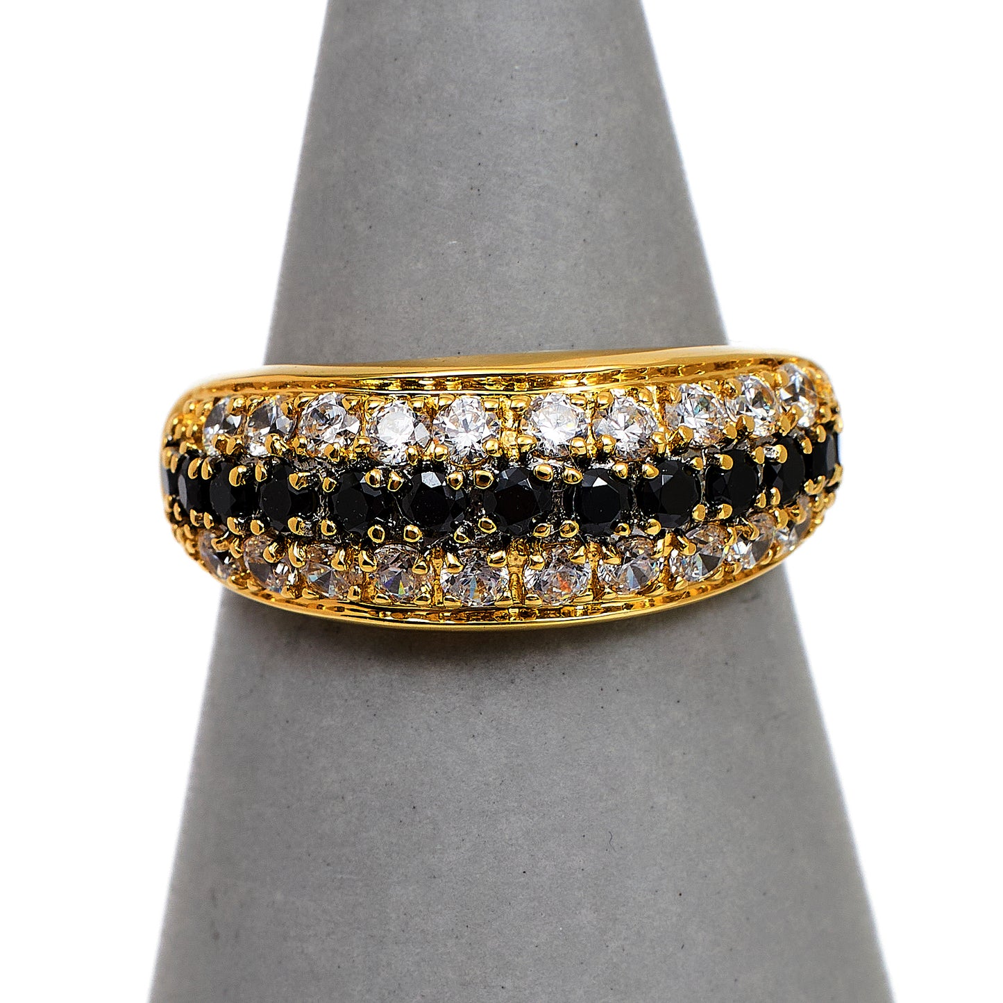Pre-Owned 14ct Gold 3 Row Black & White CZ Ring Size M