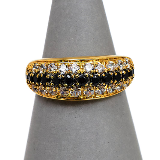 Pre-Owned 14ct Gold 3 Row Black & White CZ Ring Size M