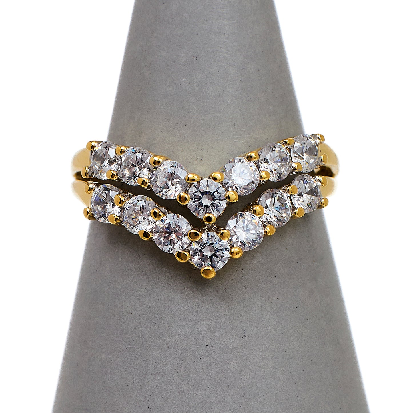 Pre-Owned 14ct Gold CZ 2 Row Wishbone Ring Size M