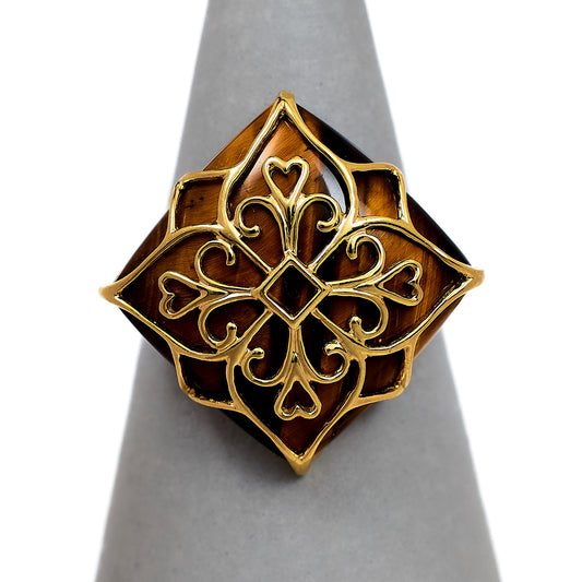 Pre-Owned 9ct Gold Rhombus Shape Tigers Eye Ring Size N