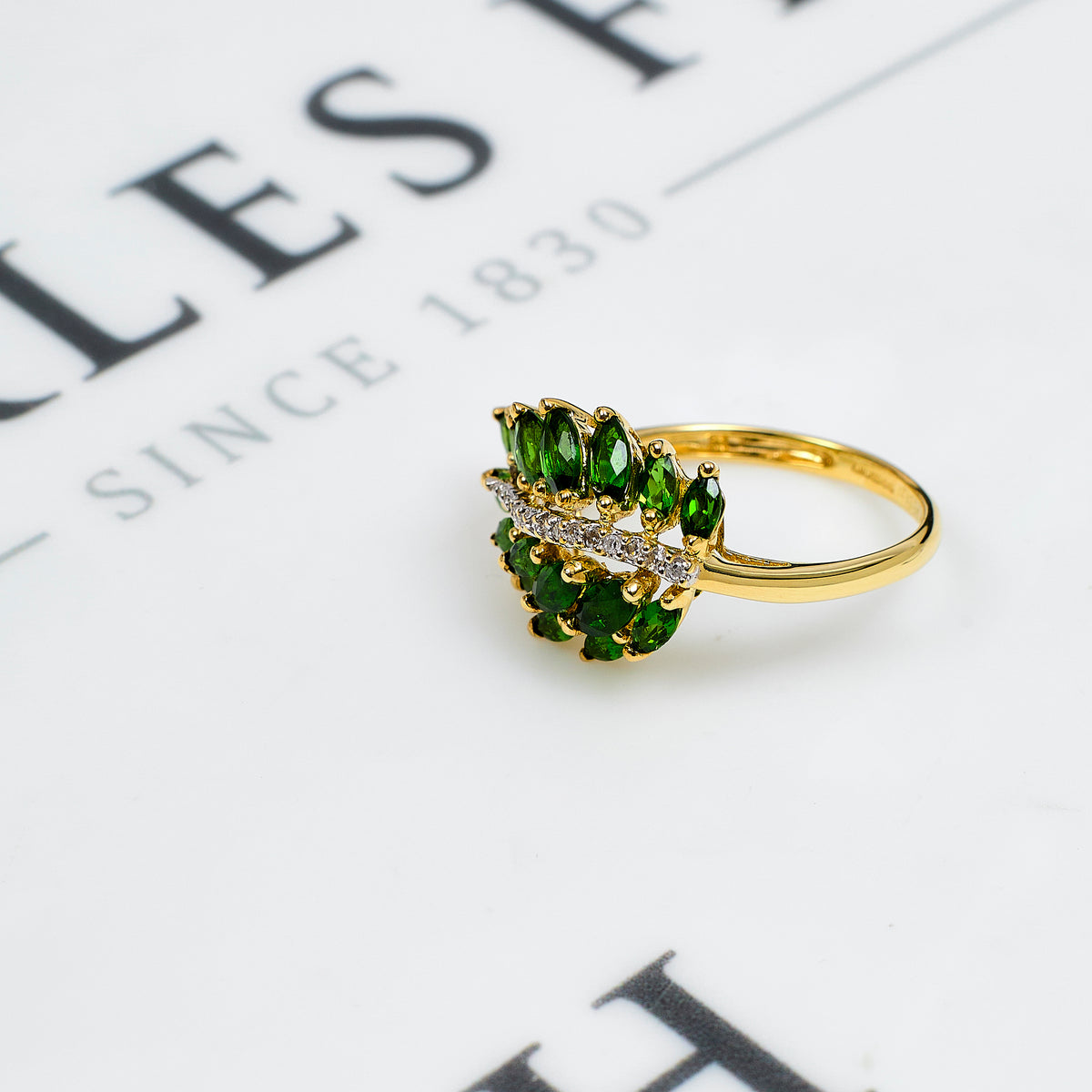 Pre-Owned 9ct Gold Diamond & Chrome Diopside Leaf Ring