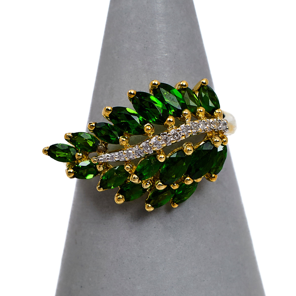 Pre-Owned 9ct Gold Diamond & Chrome Diopside Leaf Ring