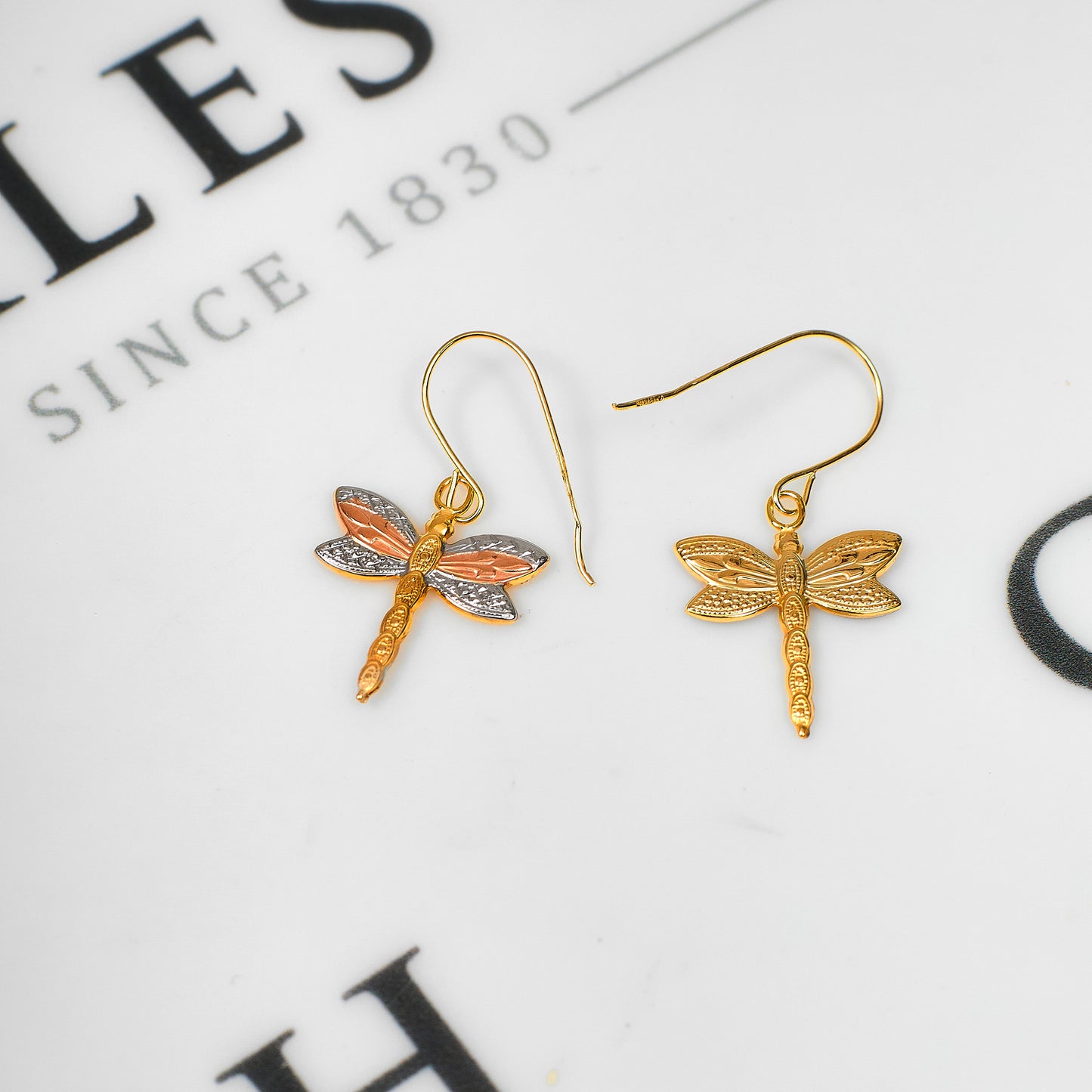 Pre-Owned 9ct Gold Tricolor Dragonfly Drop Earrings