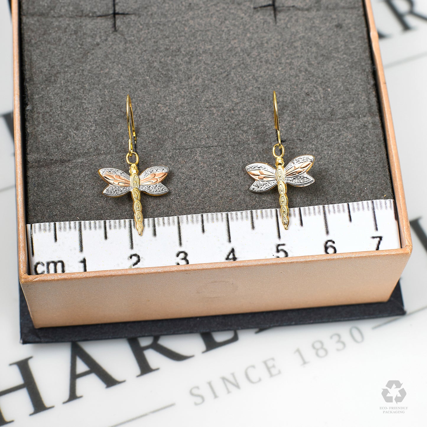 Pre-Owned 9ct Gold Tricolor Dragonfly Drop Earrings