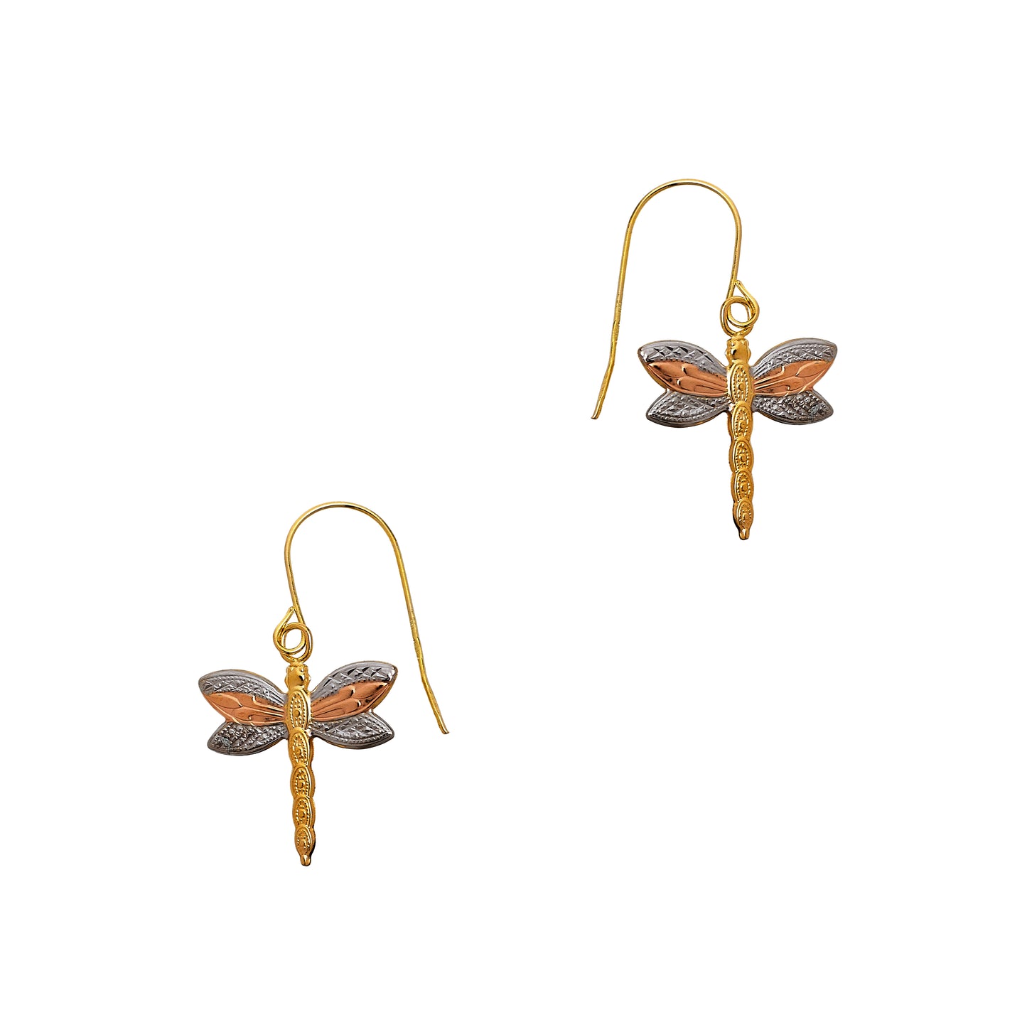Pre-Owned 9ct Gold Tricolor Dragonfly Drop Earrings