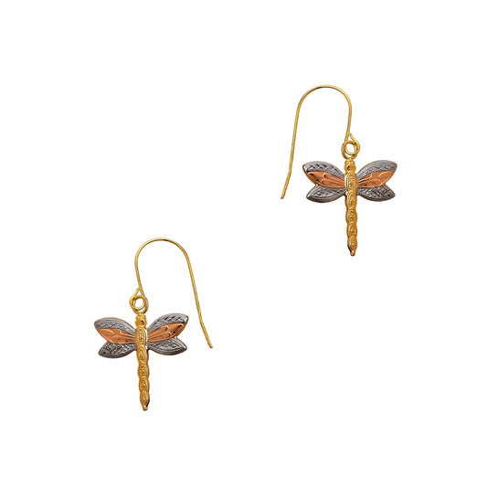 Pre-Owned 9ct Gold Tricolor Dragonfly Drop Earrings