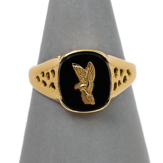 Pre-Owned 9ct Gold Mens Oval Onyx Eagle Signet Ring Size X