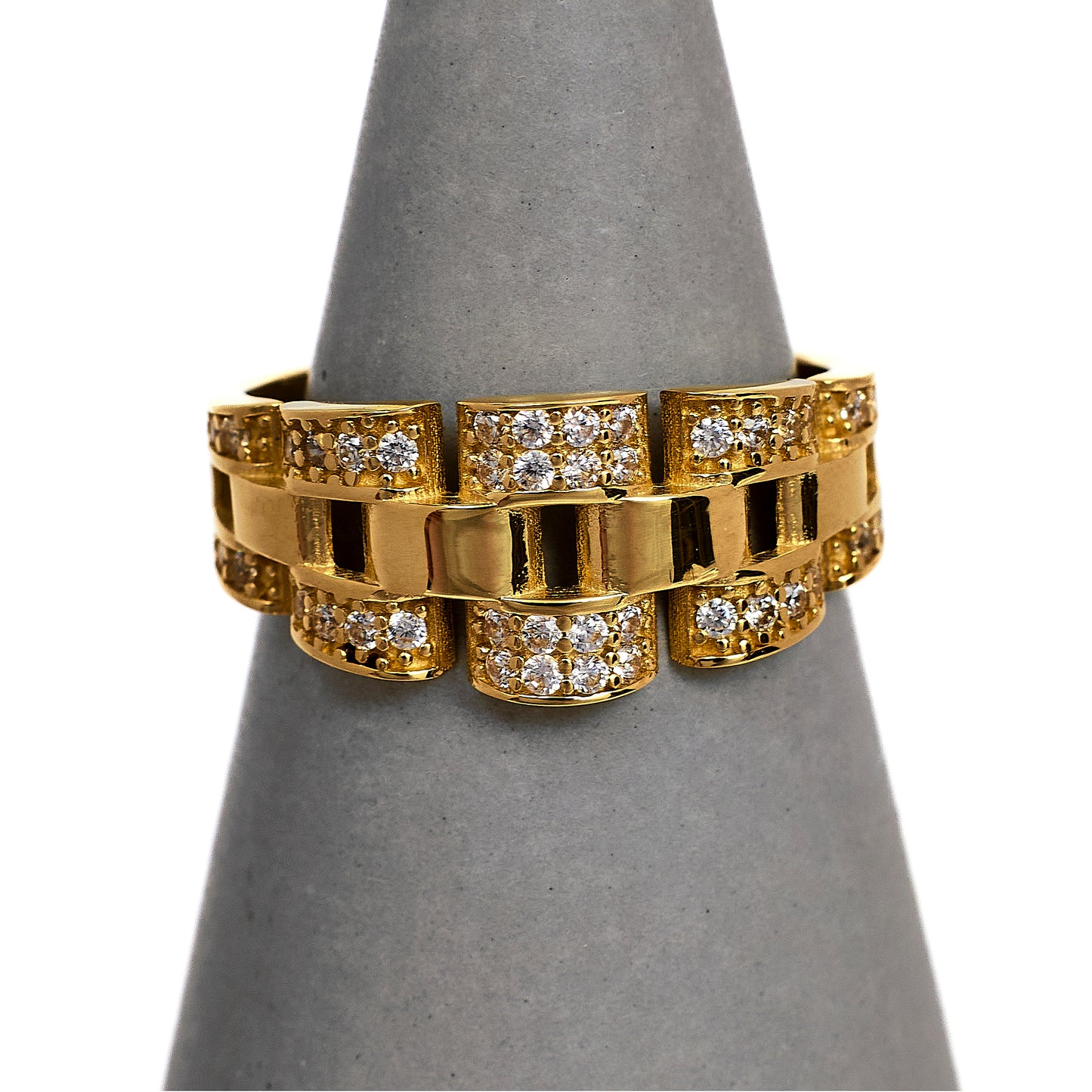 Pre-Owned 14ct Gold CZ Watch Link Design Ring Size O