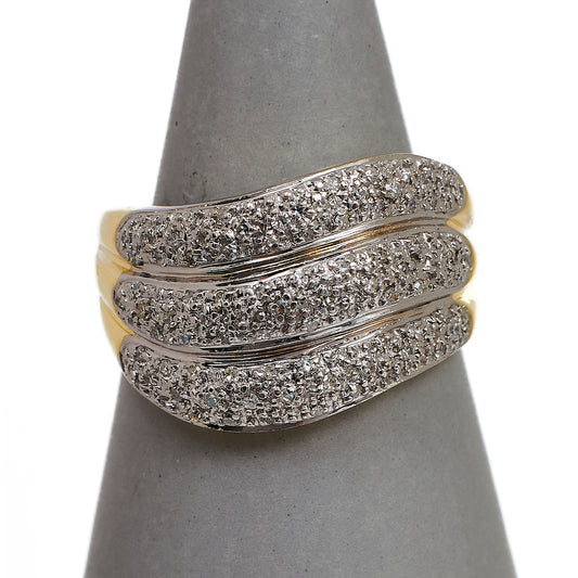 Pre-Owned 9ct Gold Diamond 3 Row Wave Design Ring Size U