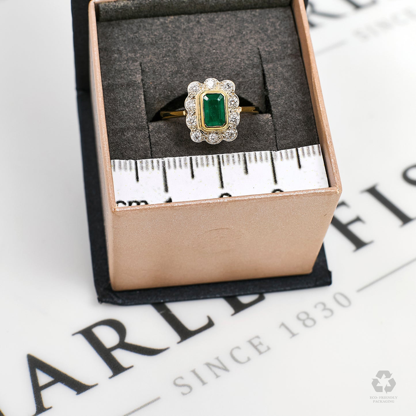 Pre-Owned 9ct Gold Emerald & Diamond Cluster Ring Size L