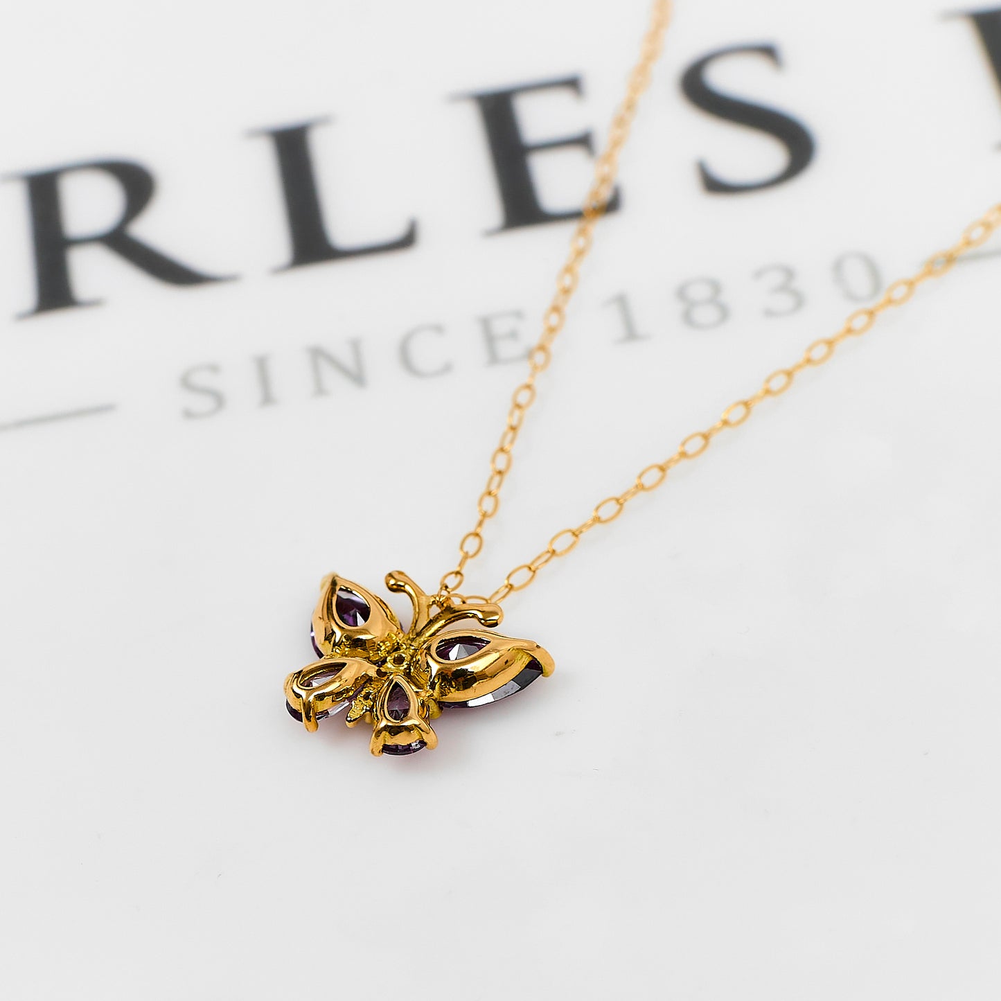 Pre-Owned 18ct Gold Multicolour CZ Butterfly Pendant & Chain
