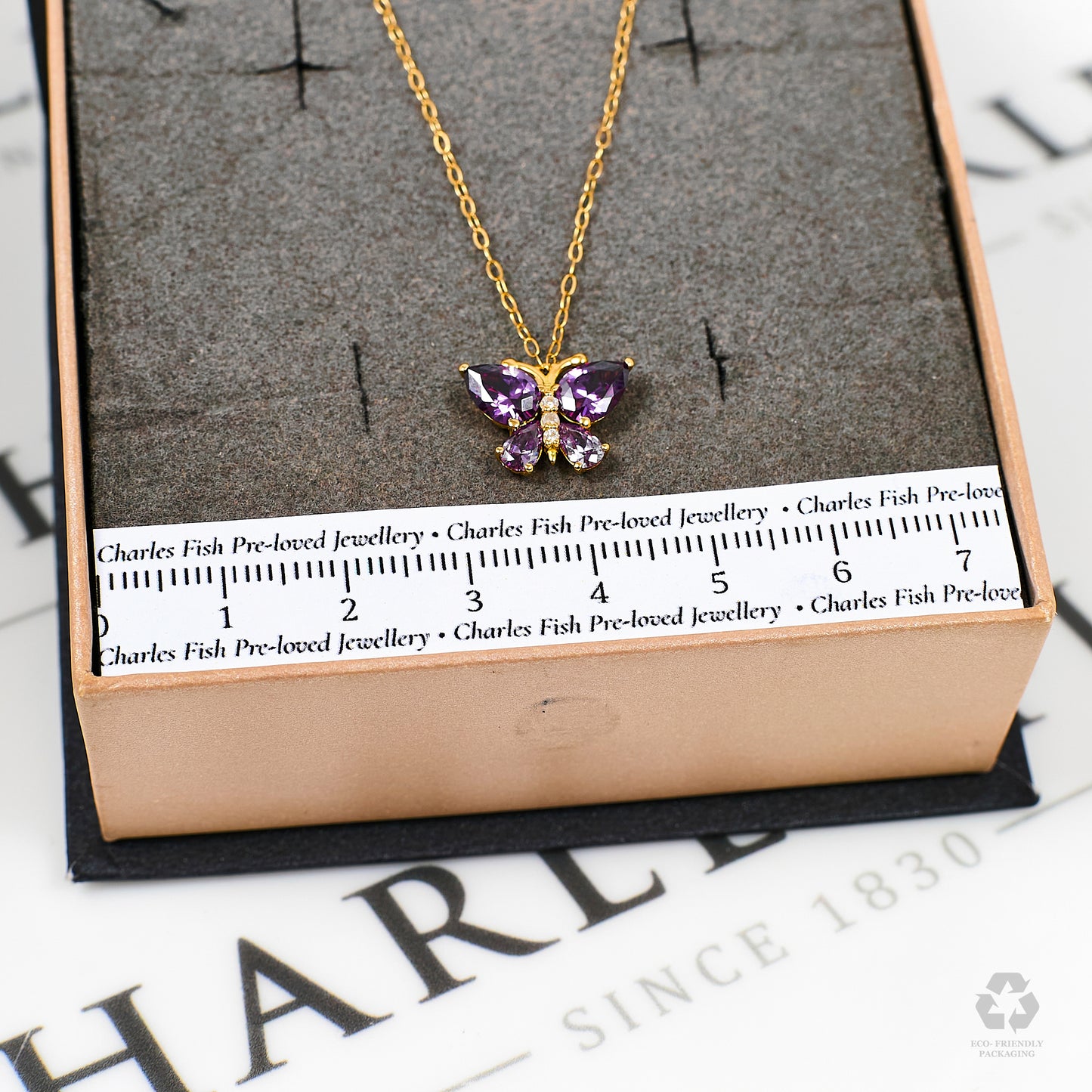 Pre-Owned 18ct Gold Multicolour CZ Butterfly Pendant & Chain