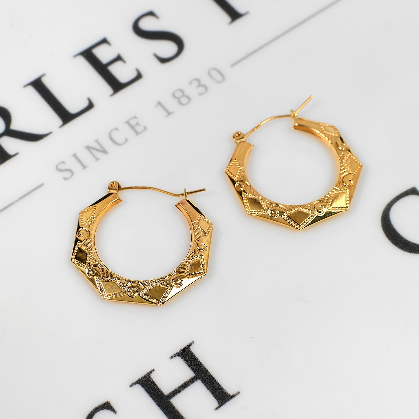Pre-Owned 9ct Gold Octagon Pattern Creole Hoop Earrings