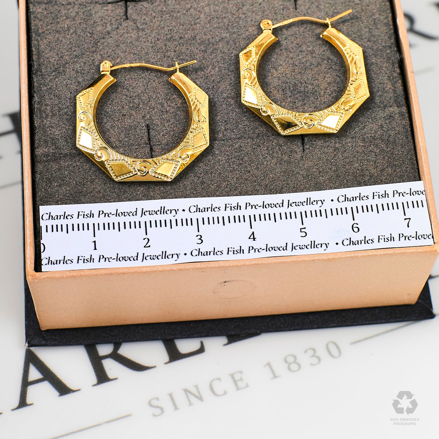 Pre-Owned 9ct Gold Octagon Pattern Creole Hoop Earrings