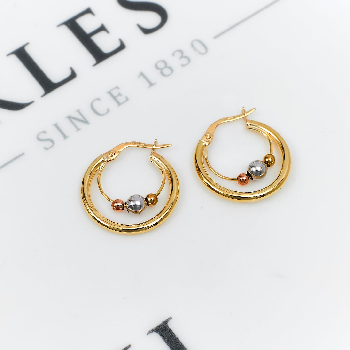 Pre-Owned 9ct Gold Tri Ball Centre Creole Hoop Earrings