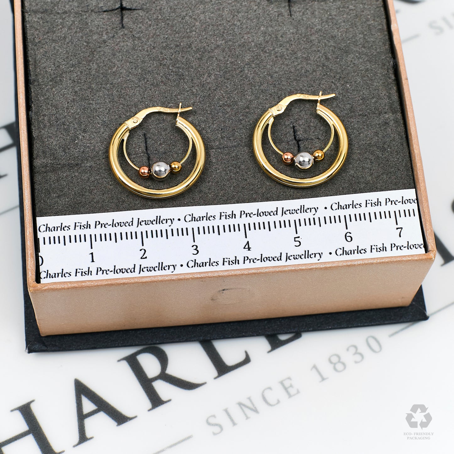 Pre-Owned 9ct Gold Tri Ball Centre Creole Hoop Earrings