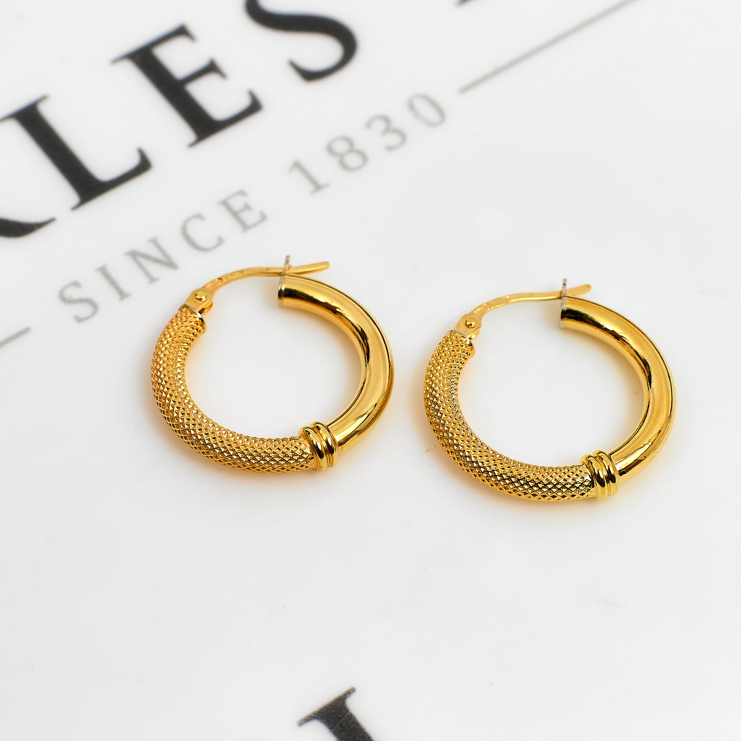 Pre-Owned 9ct Gold Half Polish Half Guilloche Hoop Earrings