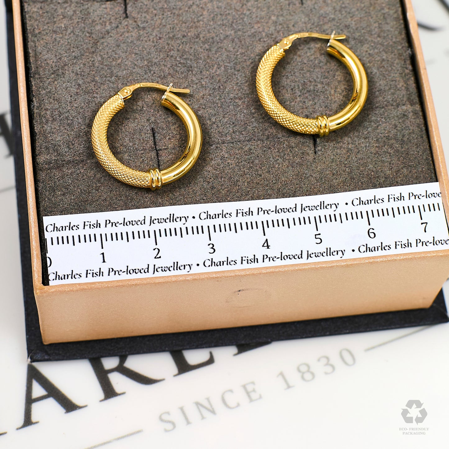 Pre-Owned 9ct Gold Half Polish Half Guilloche Hoop Earrings