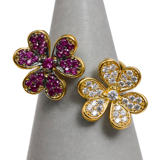 Pre-Owned 14ct Gold Synthetic Red & White Stone Flower Ring