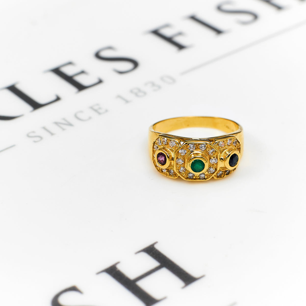 Pre-Owned 18ct Gold Multi Gemstone 3 Cluster Ring Size O