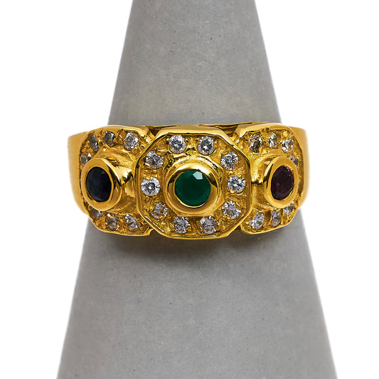 Pre-Owned 18ct Gold Multi Gemstone 3 Cluster Ring Size O