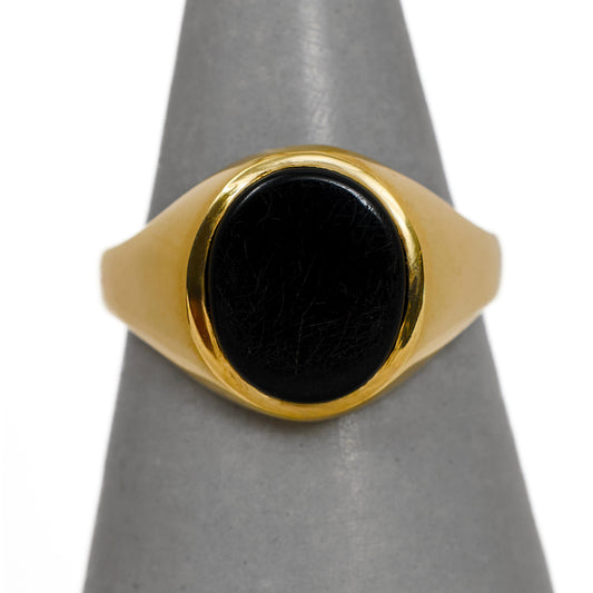 Pre-Owned 9ct Gold Oval Onyx Signet Ring Size S
