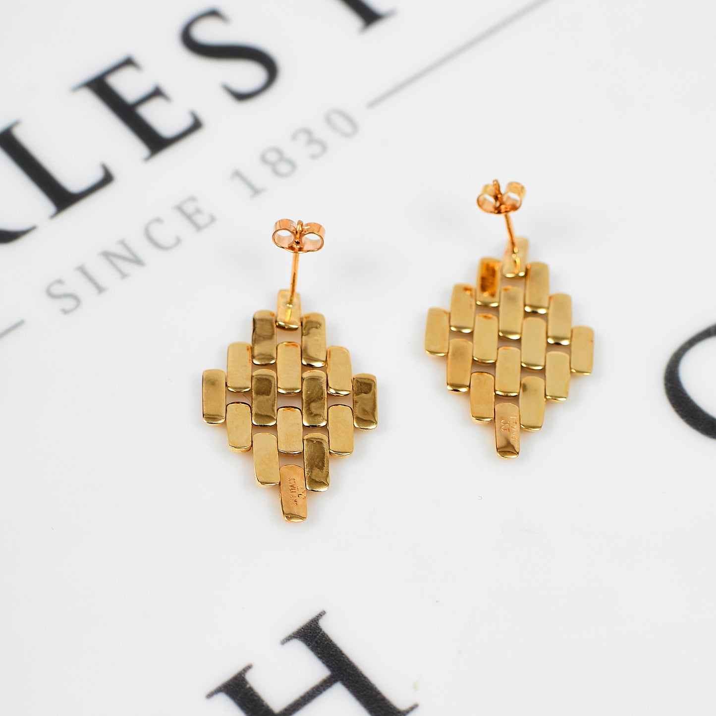 Pre-Owned 9ct Gold Rhombus Shape Brick Design Drop Earrings