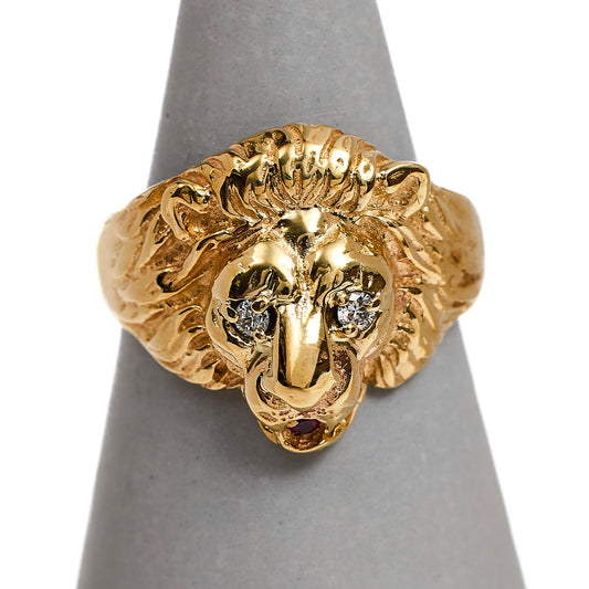 Pre-Owned 9ct Mens Diamond & Synthetic Stone Lion Head Ring
