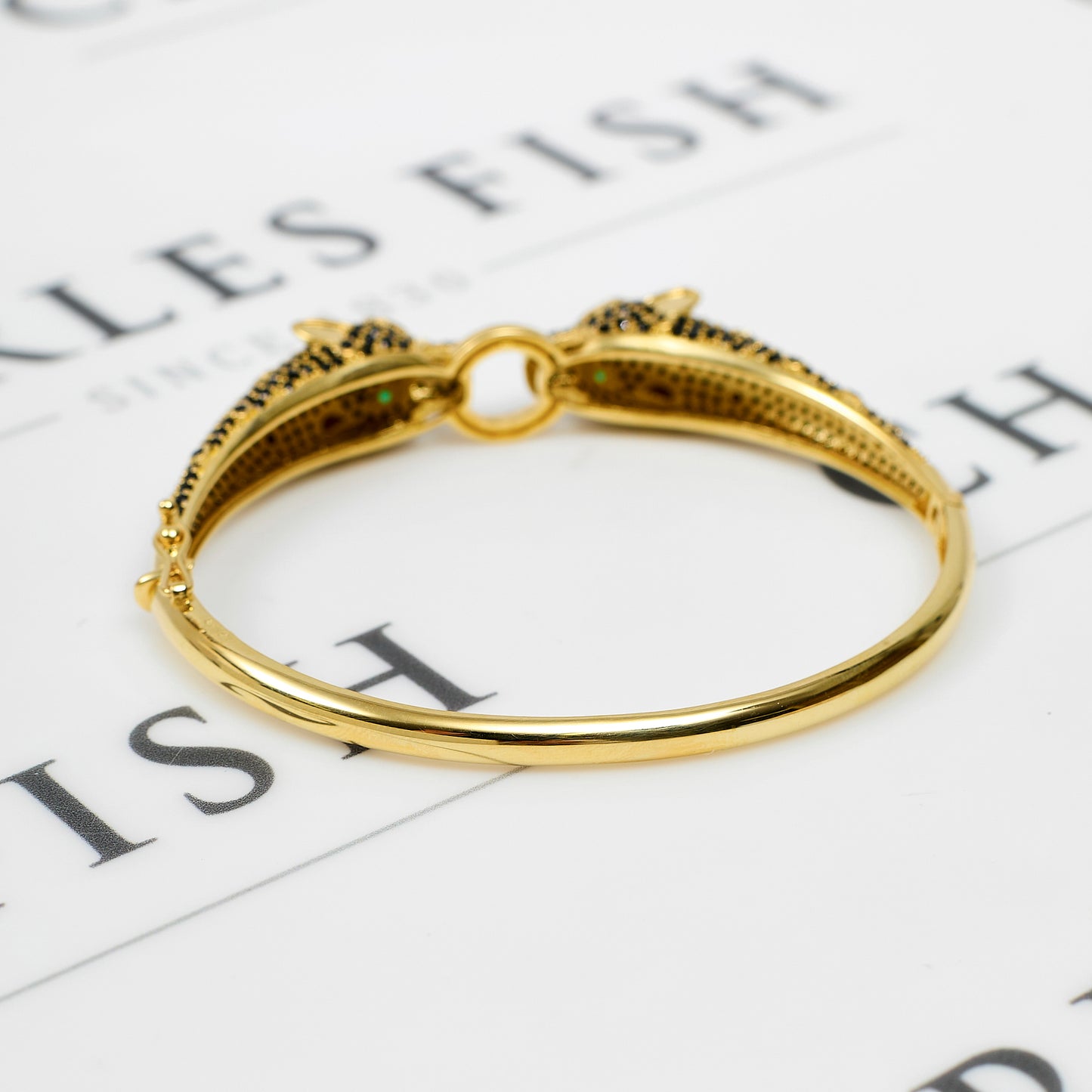 Pre-Owned 14ct Gold Black CZ 2 Panther Head Hinged Bracelet