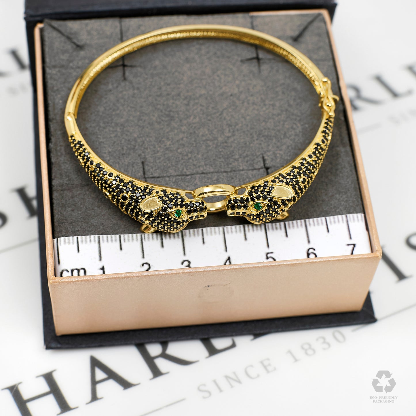Pre-Owned 14ct Gold Black CZ 2 Panther Head Hinged Bracelet