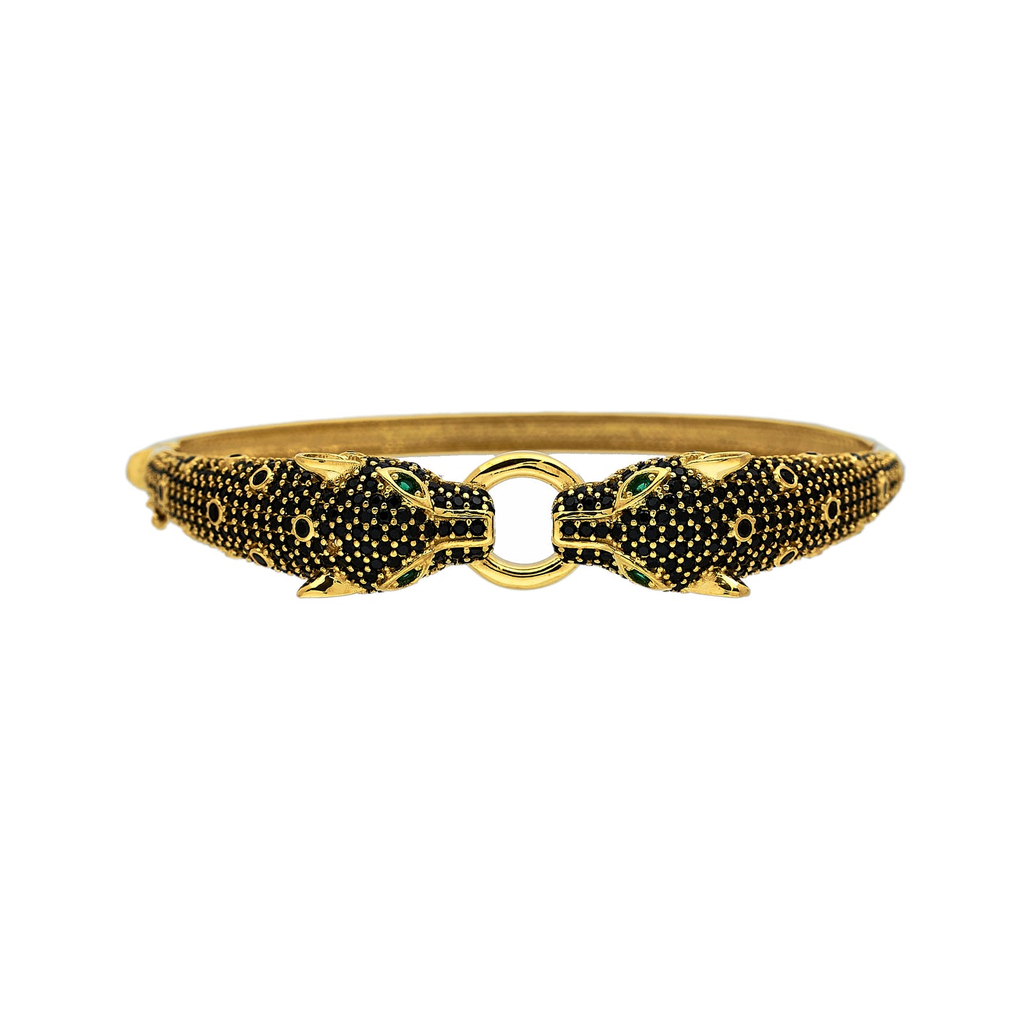 Pre-Owned 14ct Gold Black CZ 2 Panther Head Hinged Bracelet