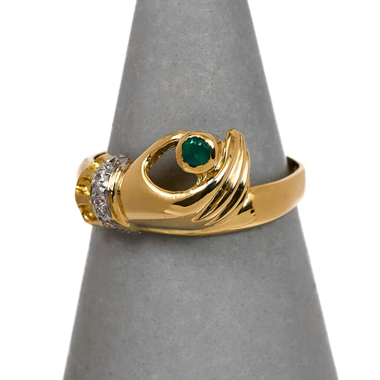 Pre-Owned 18ct Gold CZ & Green Agate Hand Design Ring Size P