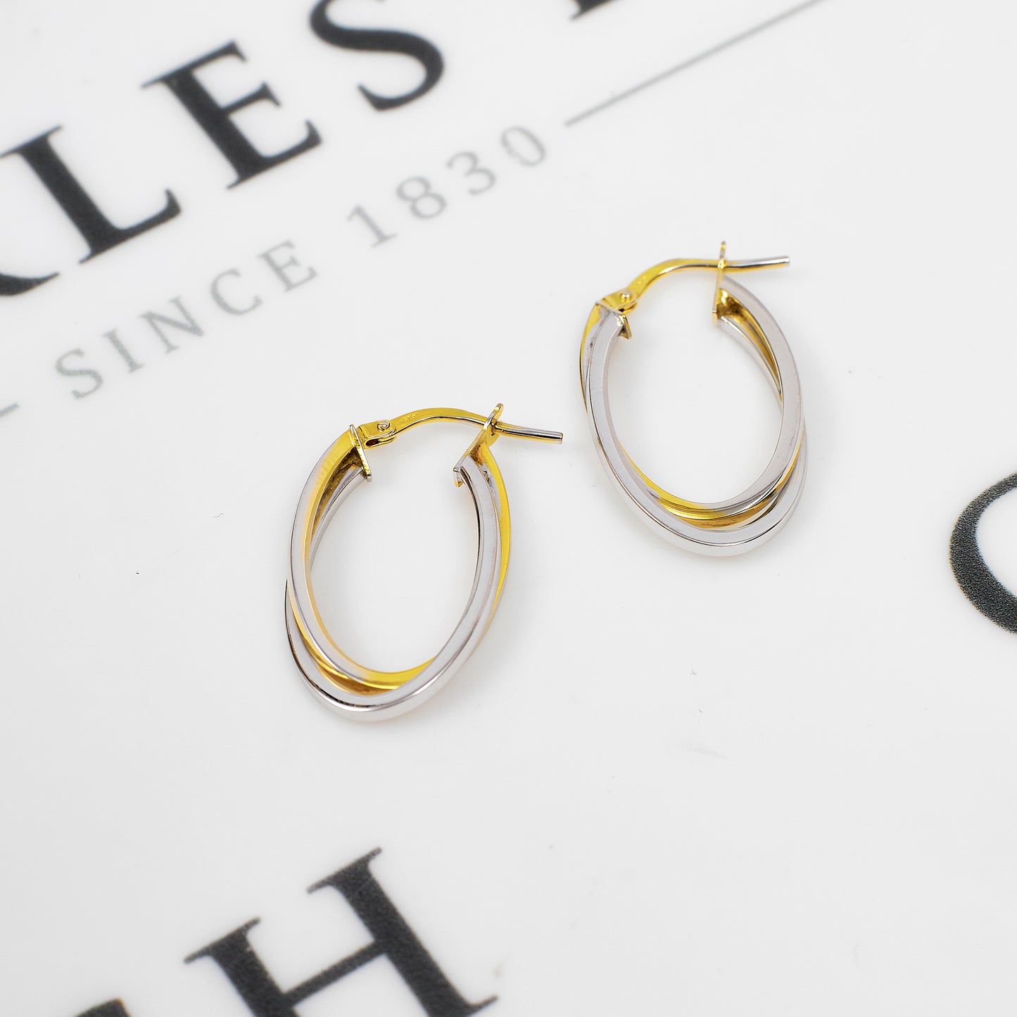 Pre-Owned 9ct Gold 2 Tone Oval Double Creole Hoop Earrings
