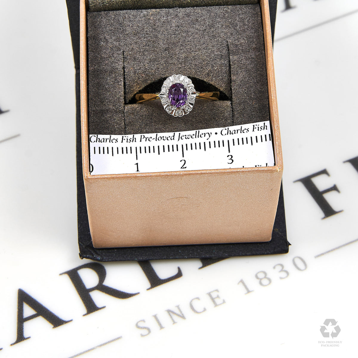 Pre-Owned 18ct Gold Oval Amethyst & Diamond Cluster Ring Size L