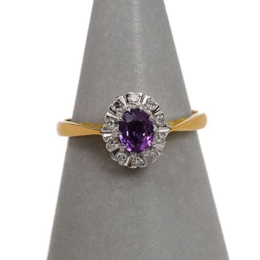 Pre-Owned 18ct Gold Oval Amethyst & Diamond Cluster Ring Size L
