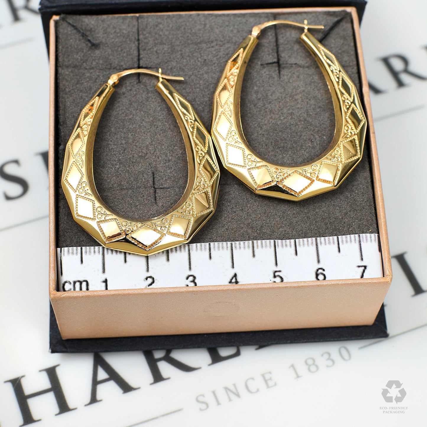 Pre-Owned 9ct Gold Patterned Oval Creole Hoop Earrings