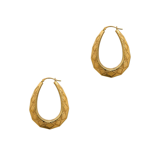 Pre-Owned 9ct Gold Patterned Oval Creole Hoop Earrings