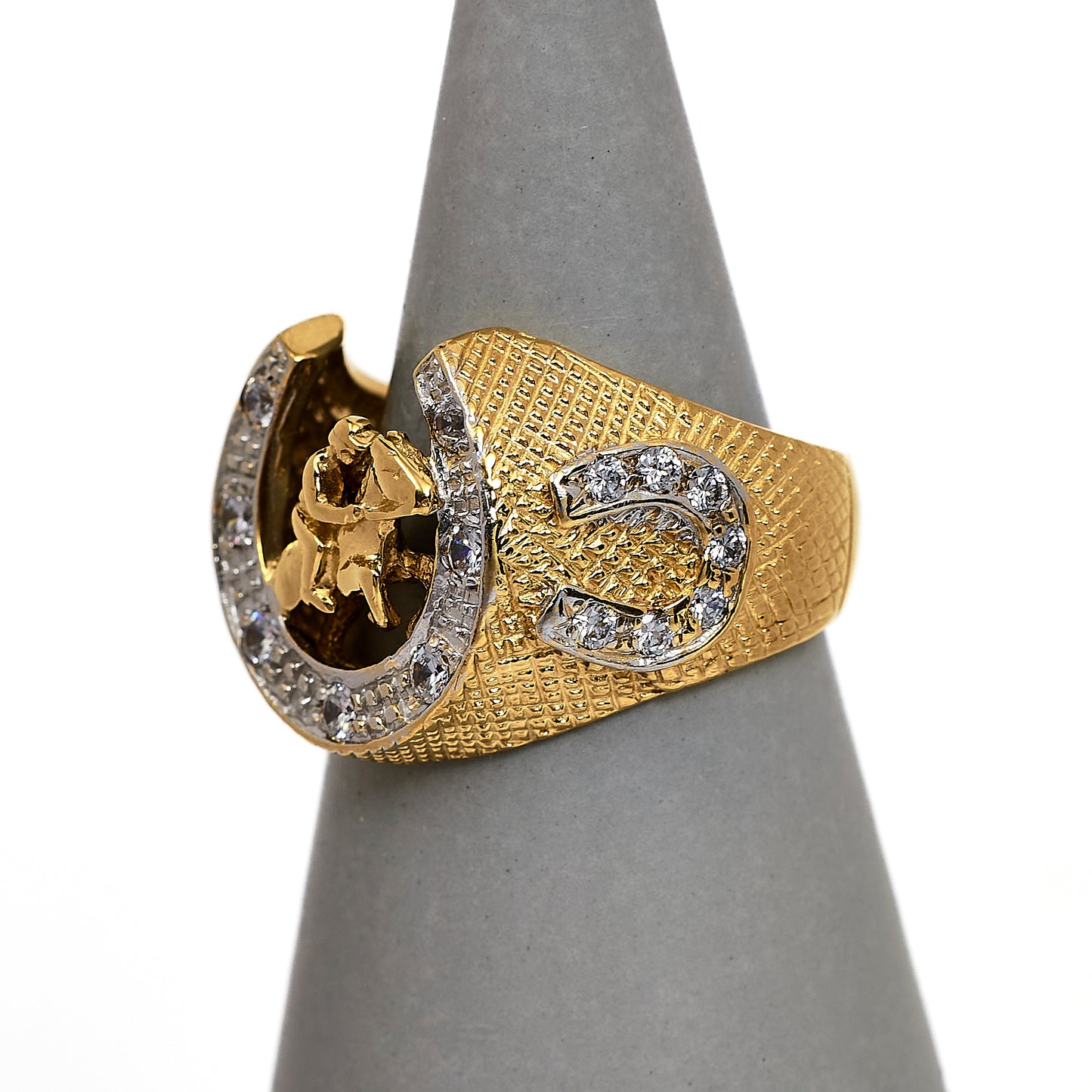 Pre-Owned 9ct Gold Mens CZ Jockey & Horseshoe Ring