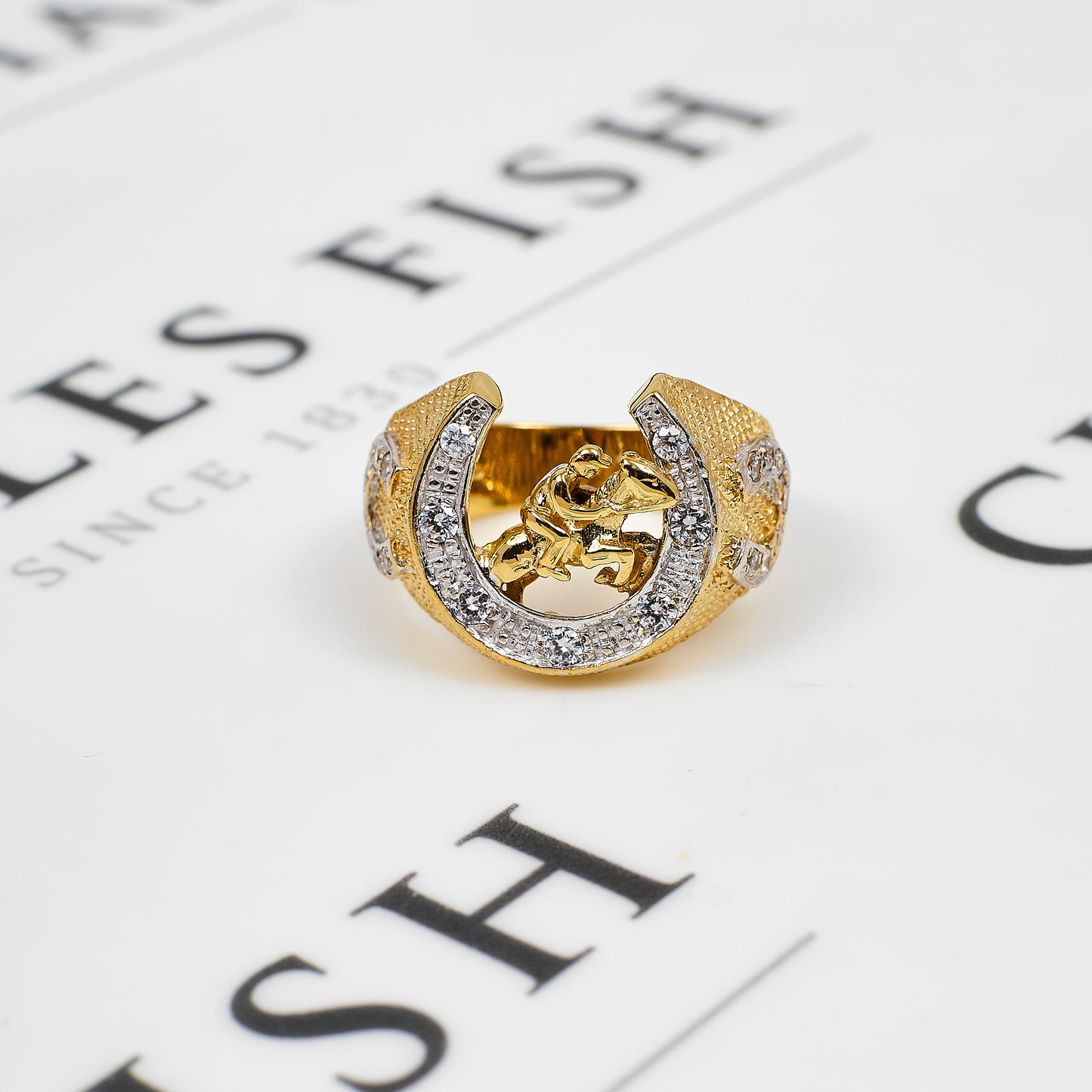 Pre-Owned 9ct Gold Mens CZ Jockey & Horseshoe Ring