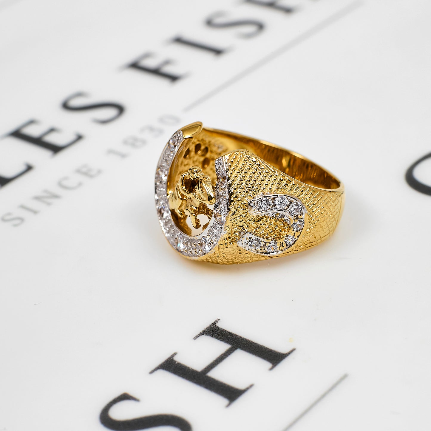 Pre-Owned 9ct Gold Mens CZ Jockey & Horseshoe Ring
