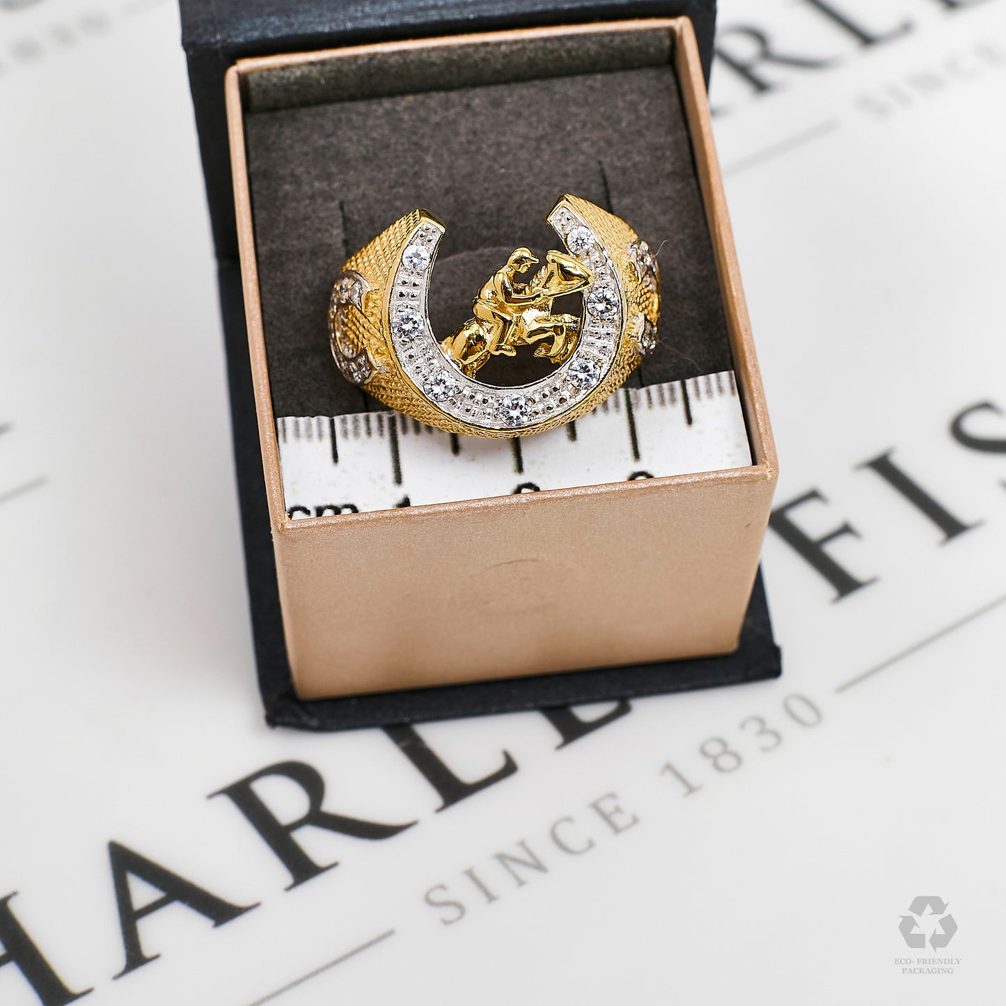 Pre-Owned 9ct Gold Mens CZ Jockey & Horseshoe Ring