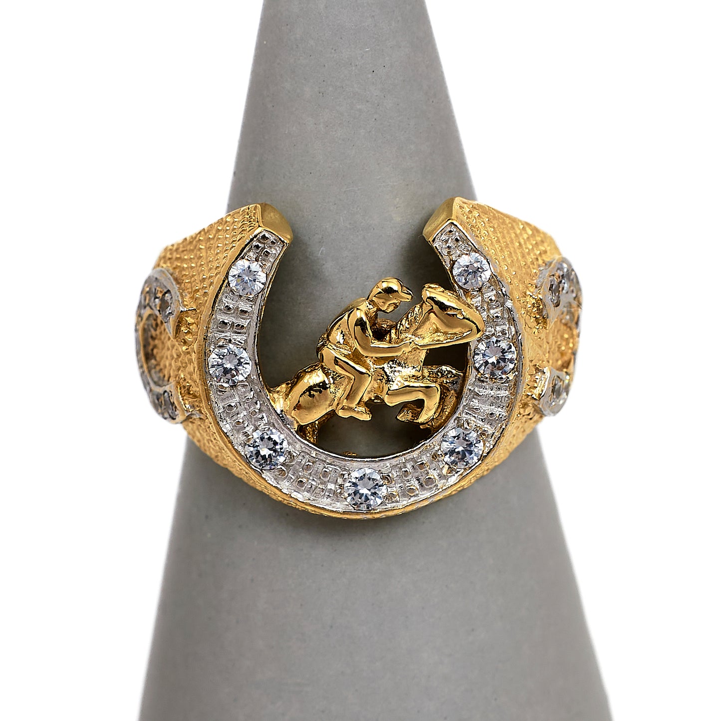 Pre-Owned 9ct Gold Mens CZ Jockey & Horseshoe Ring